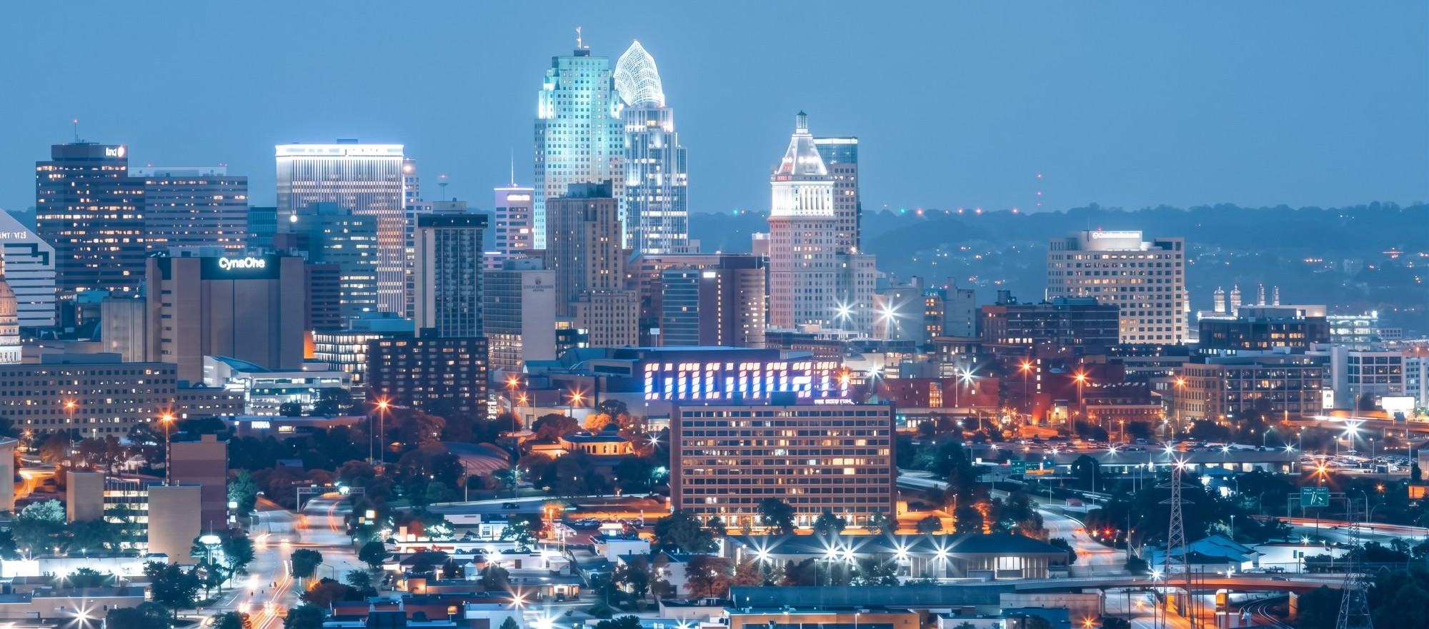 Downtown Cincinnati skyline at dusk